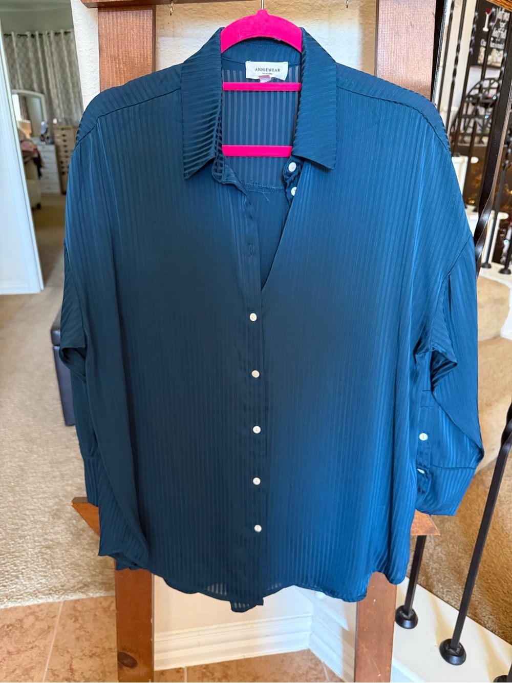 Anne Klein Teal Pleated Button-Front Blouse